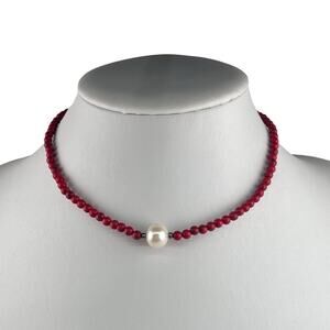 LUC Red Beaded & Real Pearl Sterling Silver Clasp Necklace 15-17"